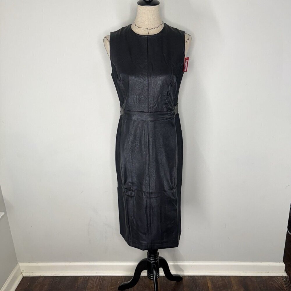 Spanx faux Leather Sleeveless Sheath Dress Luxe Black NWT $228 Size M Bodycon - Picture 2 of 8